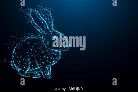 Abstract Rabbit form lines and triangles, point connecting network on blue background. Illustration vector Stock Vector