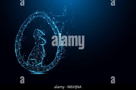 Abstract Rabbit with easter egg form lines and triangles, point connecting network on blue background. Illustration vector Stock Vector