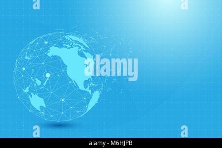 Global network with World map point and lines and triangles, point connecting network on blue background. Illustration vector Stock Vector