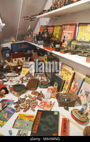 Collection of traditional Victorian boys toys at Helston Museum, Cornwall, England, UK Stock Photo