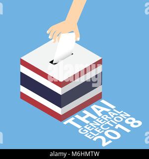 Thai General Election 2018 Vector Illustration Flat Style - Hand Putting Voting Paper in the Ballot Box Stock Vector