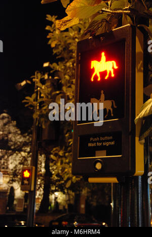 Eveningtime, Wimbledon, South London and a horse rider crossing or traffic light, with a neon orange-red coloured horse sign lit up. Stock Photo