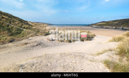 A panoramic view of Sand dunes at Crantock Beach in Newquay Cornwall. Stock Photo