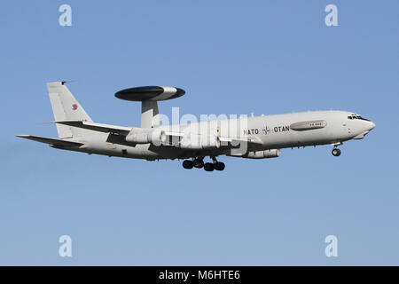 NATO Boeing E-3A Sentry from Geilenkirchen, Germany on approach to RAF Mildenhall during some circuit training. Stock Photo