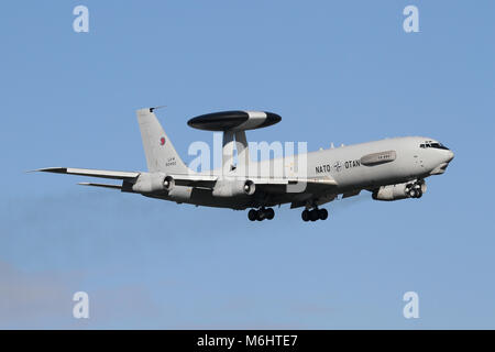 NATO Boeing E-3A Sentry from Geilenkirchen, Germany on approach to RAF Mildenhall during some circuit training. Stock Photo