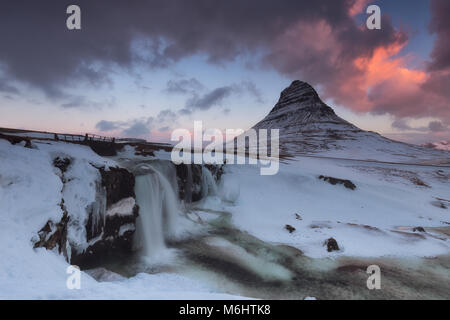 Snowed kirkjufell mountain in winter in Iceland Stock Photo