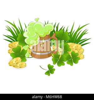 wooden mug of green beer with gold coins and clover leaves for St. Patrick's Day Stock Vector