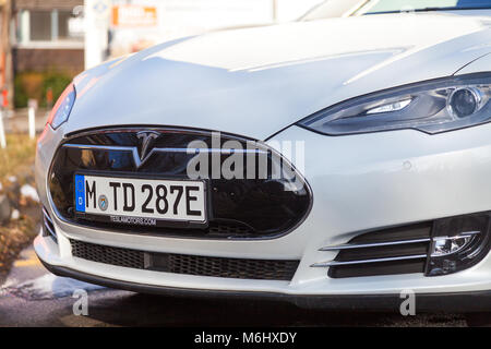 FUERTH / GERMANY - MARCH 4, 2018: Tesla logo on a Tesla car Tesla, Inc. is an American company that specializes in electric automotives, energy storag Stock Photo