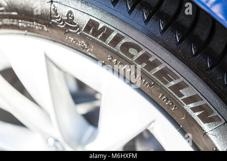 FUERTH / GERMANY - MARCH 4, 2018: Michelin logo on a tire. Michelin is a French tyre manufacturer based in Clermont-Ferrand in the Auvergne région of  Stock Photo