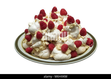 Meringue cake with raspberries, isolated on white background, clipping path embedded. Stock Photo