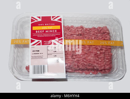 plastic packaged beef mince uk close up object food white background; essex; england; uk Stock Photo
