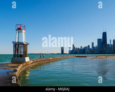 Navigation beacon and sea wall. North Avenue Beach, Chicago, Illinois. Stock Photo