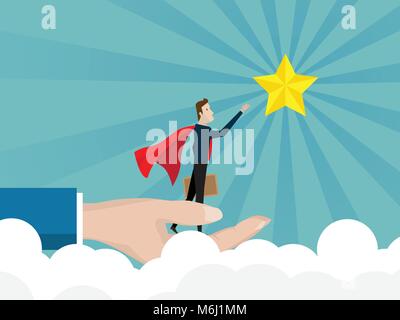 illustration of businessman on helping hand and reach to star of success business concept cartoon vector Stock Vector