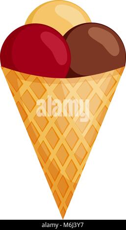 Colorful chocolate creme brulee cherry ice cream cone. Summer comfort fast food vector illustration for gift card, flyer, certificate or banner, icon, Stock Vector