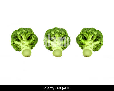 Broccoli Isolated photo Three fresh broccoli florets are lying in a row on white background Stock Photo