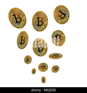 Bitcoi coins falling from a height on a white background. Bitcoin-crypto currency Stock Photo