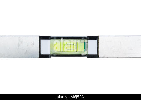 Silver spirit level isolated on white background. Construction tool. Metal small spirit lever. Repair tool. Stock Photo