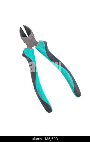 Used green pliers isolated on white background. Path saved Stock Photo
