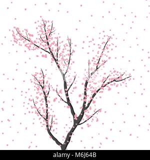 blossoming tree in pink colors on a white background, arrival of spring Stock Vector
