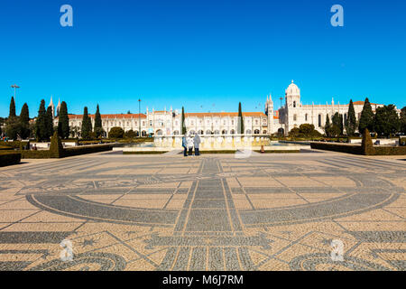 Intricate mosaic ground by by the Discoveries Monument in Belem area of Lisbon. Stock Photo