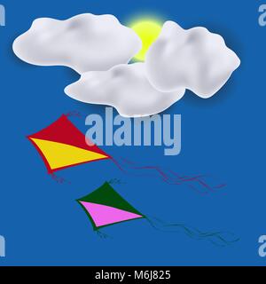 Colored Kites Flying in Blue Sky. Freedom Concept. Toy for Children Stock Vector