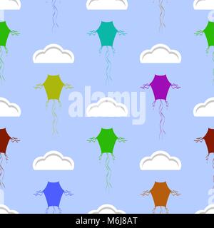 Colored Kites Flying in Blue Sky with Sun and Clouds. Freedom Concept. Toy for Children Stock Vector