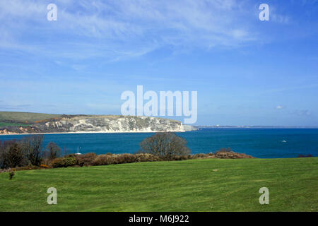 Landscape view looking towards Ballard Down on a sunny day in Swanage Bay, Swanage, Dorset, UK Stock Photo