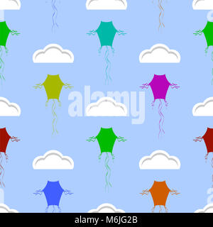 Colored Kites Flying in Blue Sky with Sun and Clouds. Freedom Concept. Toy for Children Stock Photo