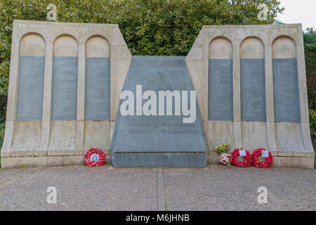 Stone and slate memorial to the crew of 617 Squadron Royal air Force (The Dam BUsters) RAF. Woodhall Spa Linconshire UK Stock Photo