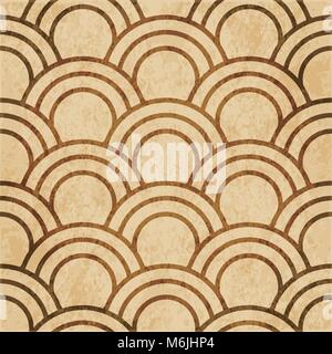 Retro brown watercolor texture grunge seamless background oriental fish scale round curve line Stock Vector