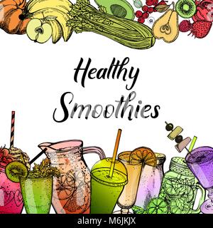 Colorful hand drawn sketch style smoothie with fruits and vegetables. Vector illustration. Stock Vector