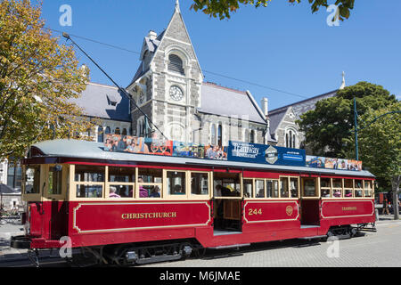 City Tour tram and clock tower, Christchurch Arts Centre, Worcester Boulevard, Christchurch, Canterbury, New Zealand Stock Photo