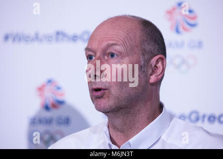 London, UK. 26th February, 2018. Mike Hay, Team GB Chef de Mission, addresses a press conference following the welcome of Team GB from the Pyeongchang Stock Photo