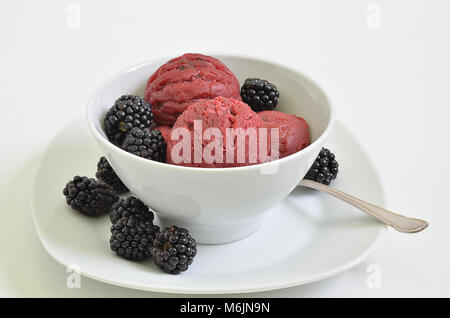 Blackberry Sorbet with Blackberries in a white Bowl on white Background, close up, full frame Stock Photo