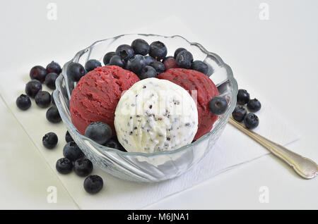 Blueberry Sorbet and Stracciatella Ice cream with Blueberries in a Bowl on white Background, close up, full frame Stock Photo