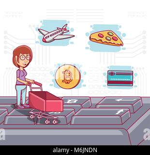 cartoon woman with shopping cart and bitcoin coin and shopping related icons around over white background, colorful design vector illustration Stock Vector