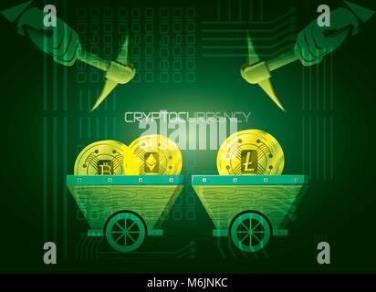 green shading design with hands holding a pickaxe and minecarts with coins of cryptocurrency different types vector illustration Stock Vector
