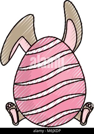 clored  rabbit and  pink easter egg   with curved lines  dooodle  over white background vecor illustratiion Stock Vector