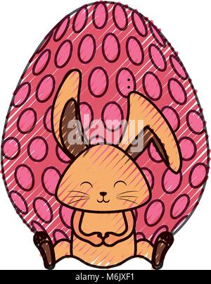 colored  rabbit   and  pink easter egg  with dots doodle vector illustratiion Stock Vector