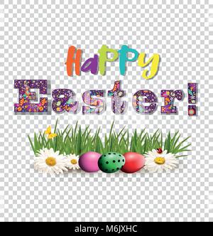 Happy Easter greeting card with colored text and bright dyed eggs  lying on green grass among chimomile flowers, butterfly, and lady bug isolated on t Stock Vector