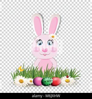 Cute cartoon pink bunny or rabbit sitting among bright dyed eggs on green grass and chimomile flowers isolated on white background. Vector illustratio Stock Vector