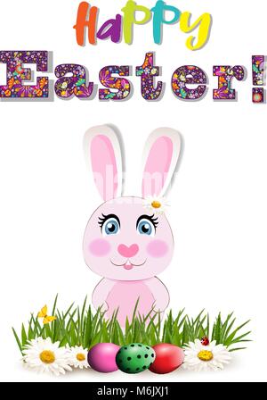 Happy Easter greeting card with colored text, cute cartoon pink bunny or rabbit sitting among bright dyed eggs on green grass and chimomile flowers is Stock Vector