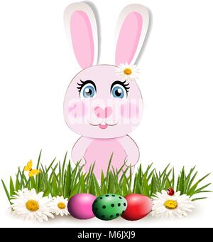 Cute cartoon pink bunny or rabbit sitting among bright dyed eggs on green grass and chimomile flowers isolated on white background. Vector illustratio Stock Vector