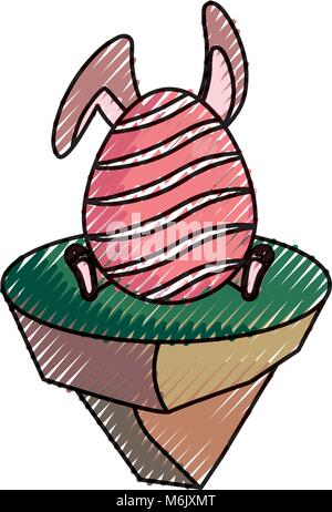 colored  rabbit and easter egg with curved lines   on piece land  doodle over white background vector illustration Stock Vector