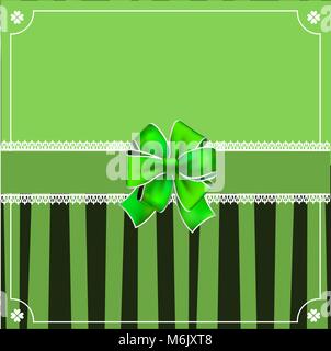 Saint Patricks Day elegant template with clover lace, wrapped with festive bow  space for text on green and black striped background. Vector border, f Stock Vector