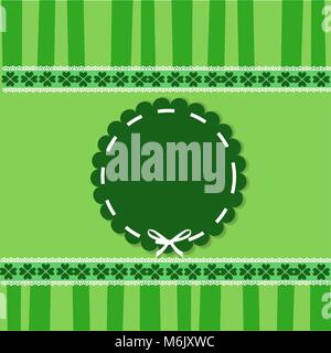 Saint Patrick's Day elegant template with shamrocks lace, round wavy stamp with white ribbon on green striped background. Vector illustration, border, Stock Vector