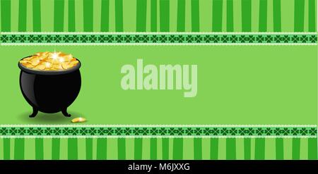 Saint Patrick's Day banner with clover lace, pot with leprechauns gold  on green striped background with elegant shamrock leaves border. Vector festiv Stock Vector