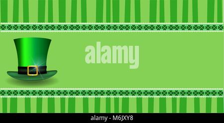 Saint Patricks Day template with clover festive lace leprechaun's hat and copy space on green striped background. Vector border, frame for greeting ca Stock Vector