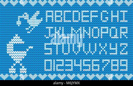 Baby fabric script for boy. Knitted alphabet with illustration of stork and baby stroller. Vector illustration, letters, signs and symbols for design. Stock Vector