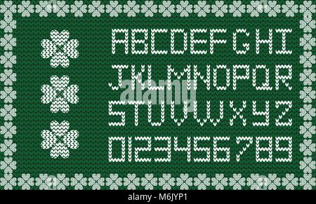 Festive fabric script on emerald green knitted background. White knitted latin letters and numerals framed with clover shamrocks pattern border. Vecto Stock Vector